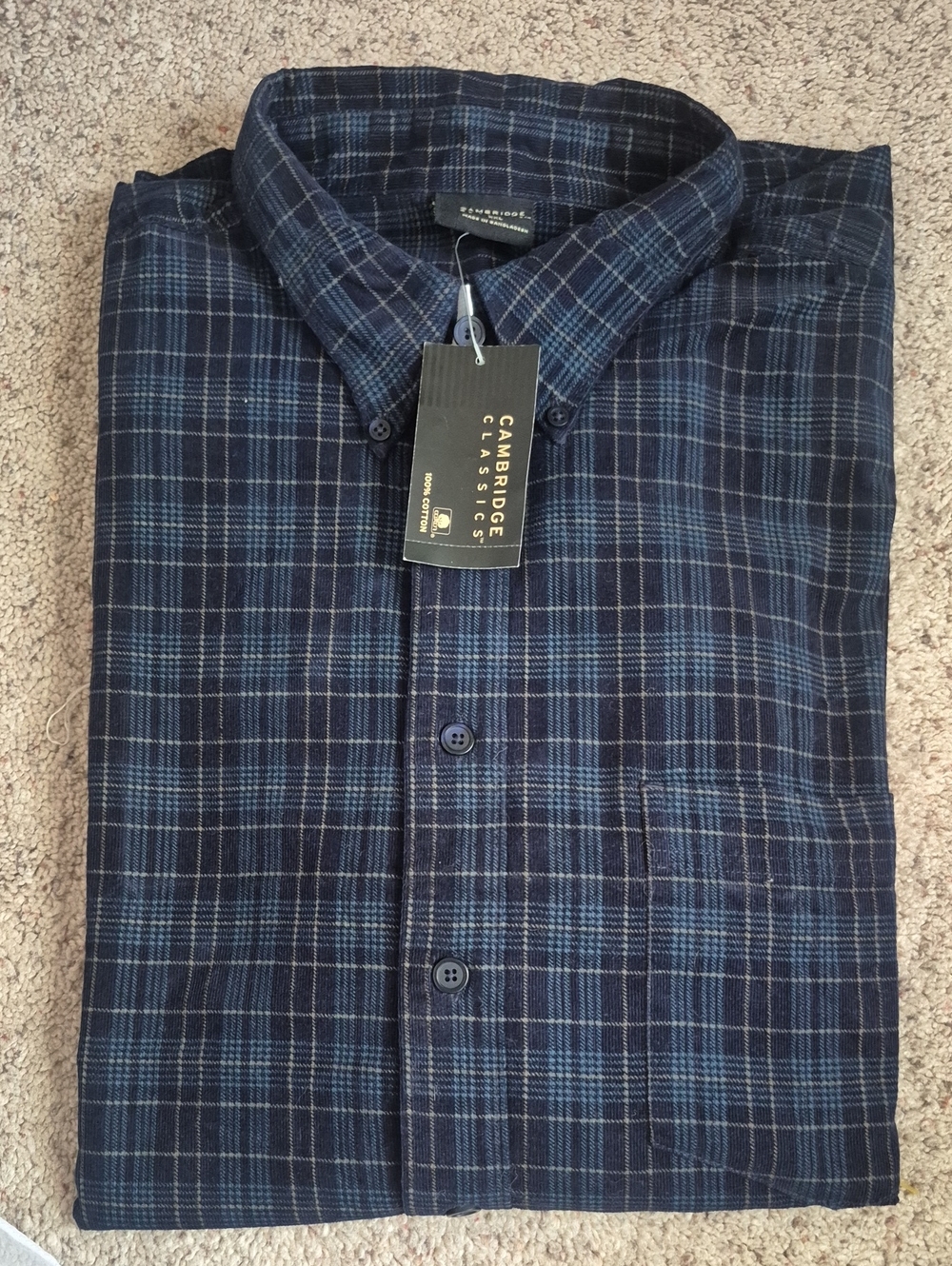 vtg 90s Cambridge Classics Plaid Shirt 2X Navy Corduroy Grunge Button Down nwd